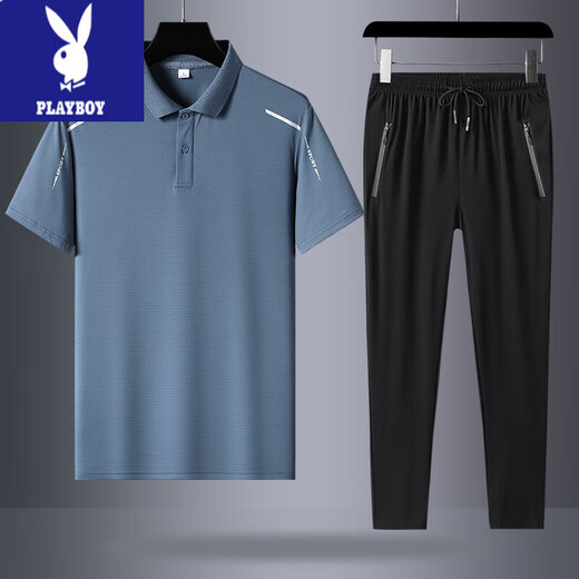 花花公子（PLAYBOY）爸爸夏装套装中年男士短袖冰丝POOL运动休闲两件套中老年男装夏季 8797雾蓝短袖+719黑色直筒长裤 3XL 【收藏优先发货】