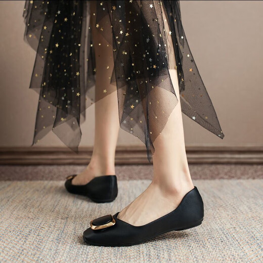 Belle Leder Single -Schuhe für Frauen 2025 Sommer Neuer leichter Mund flacher Sohle -Bohnenschuhe für Herbst Soft Sohle schwangere Frauenschuhe für Frauen, die ihre Füße lange Zeit nicht satt haben