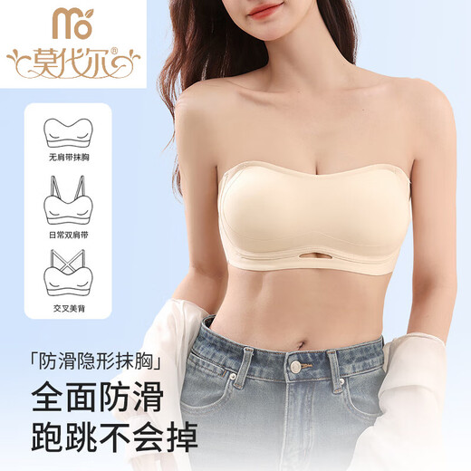 莫代尔无肩带内衣女小胸聚拢显大防滑不掉隐形无痕抹胸式裹胸文胸罩 肤色 S [75-90斤32/70ABC]