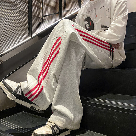 Katuchi American Striped Casual Pants Men's Spring and Autumn Loose Trendy High Street Straight Wide Leg Sports Guard Long Pants Gray Red XL