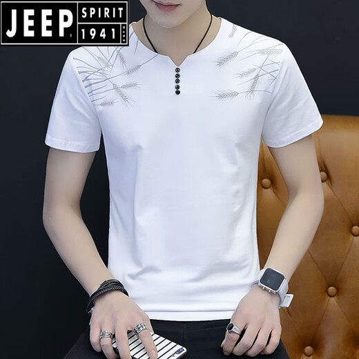 JEEP SPIRIT夏季V字领短袖t恤男装韩版半截袖内衬时尚透气凉感修身短袖衫汗衫 白色Q693短袖 M