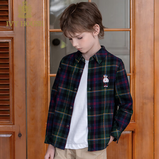 IVY HOUSE children's clothing for boys and older children in spring and autumn new style plaid shirt long-sleeved tops cotton versatile college style base A dark green 120