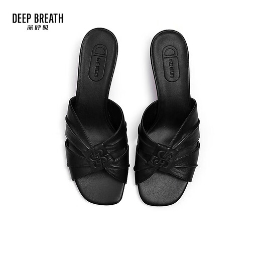 DEEP BREATH深呼吸女鞋羊皮柔软捏皱粗跟静奢舒适高跟凉鞋AX14116 黑 38
