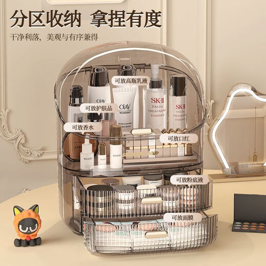 Sailotou cosmetic storage box, dressing table, desktop storage, transparent box, cosmetic box storage rack, transparent brown three-layer with lid