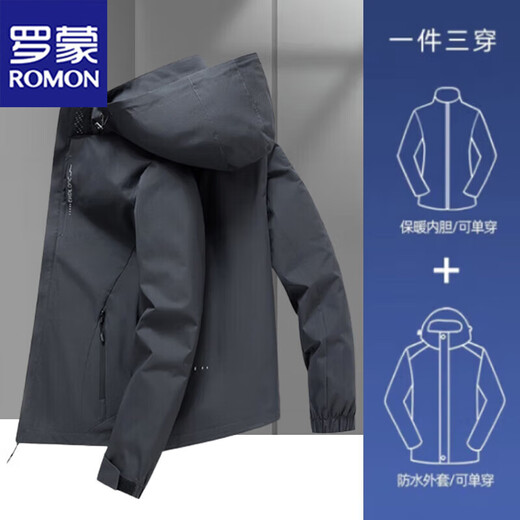 ROMON Jacket Men's Autumn and Winter Jacket Three-in-One Two-piece Set Detachable Outdoor Jacket Dark Blue XL