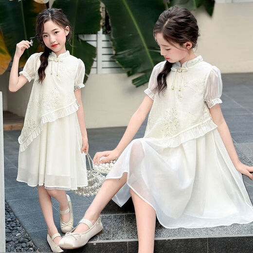 Nuevo estilo de vestido chino para niñas para niñas de moda y de moda Summer Nuevo chino Sweet Children's Vestido Off White 170