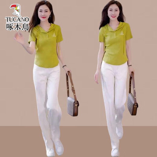 Spechts-Sommer-Outfit mit einer Reihe kleiner und modischer Anzüge für Frauen 2025 SOMMER SOMMER NEUE Casual Casual Kurzärmelhosen Zwei-Keuchen-Schwarzhosen L (Empfohlen 100 Jin [Jin entspricht 0,5 kg] -115 Jin [Jin gleich 0,5 kg])
