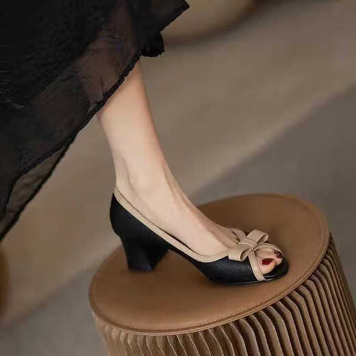 Boensa (BOENSA) fish mouth shoes red green fly new 2024 summer leather thick heel sandals fish mouth open toe fashion non-slip fairy style black 35
