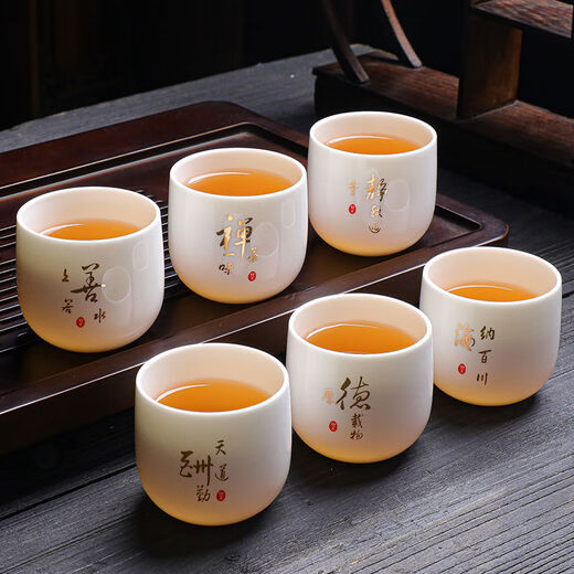 Tea cup set of 6, mutton-fat jade tea cup, six-piece tea cup, ceramic household kung fu tea cup, tea set set, white porcelain master, mutton-fat jade tea cup - mixed pack, 6 pieces, 6 pieces