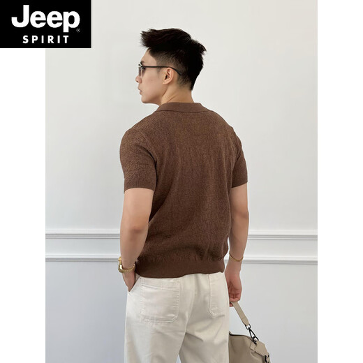 JEEP SPIRIT美拉德咖色棉麻纹理感针织polo.衫男夏季成熟稳重收腰正肩短袖t恤 咖啡色 M