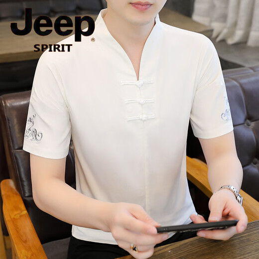 吉普（JEEP）冰丝t恤男士短袖2025新款男装中国风V领半袖夏季薄款中式盘扣体恤 E9871黑色 (冰丝滑料) 5XL
