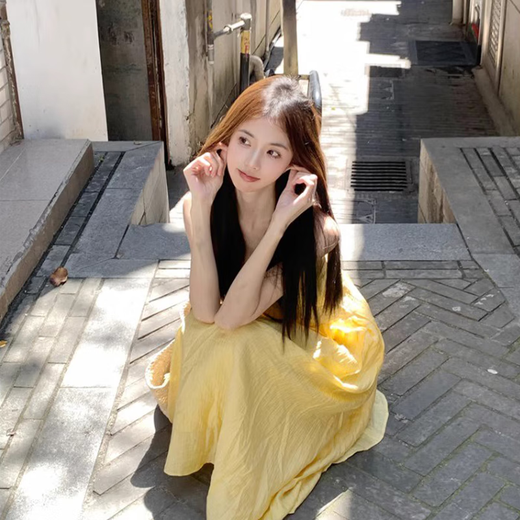 Bangboshi suspender dress for women in summer beach vacation gentle style French temperament A-line skirt waist slimming beach skirt suspender dress M