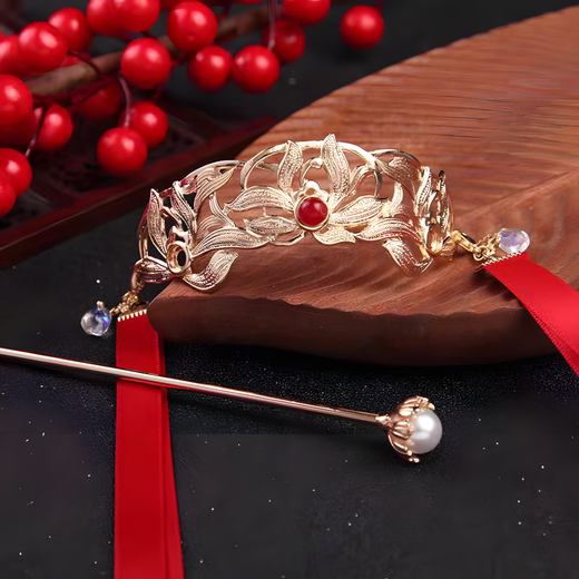 UOSU horse-faced skirt, headdress, antique style headband, children's Hanfu with hairpin, red ribbon, hair crown, clothing accessories, antique ribbon hairpin