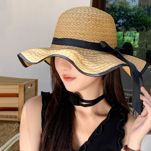 逸兼遮阳帽蝴蝶结波浪边草帽女夏季复古大帽檐遮阳帽海边沙滩度假帽子 波浪渔夫帽草帽【卡其均码】 自带防风绳