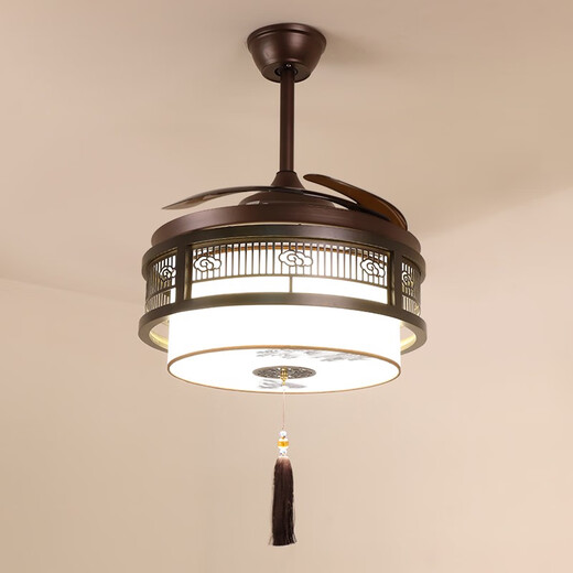 Hualeji nouveau style chinois ventilateur lustre chambre salon bois massif invisible avec course rétro ventilateur conversion de fréquence restaurant lustre 9896 tricolore 48 pouces conversion de fréquence de débit cuivre