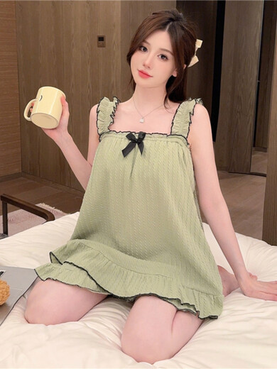 帛雷斯诺胖妹妹睡衣200斤带胸垫吊带短裤女夏季纯棉大码性感短袖背心家居 Y-2629#绿色[云朵棉]胸垫可拆 M码[推荐80-100斤] 均码