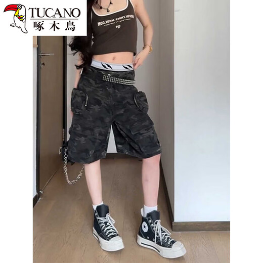 啄木鸟辣妹美式高街多口袋牛仔裤女夏天薄款辣妹迷彩工装五分短裤子 五分裤 S 【80-】