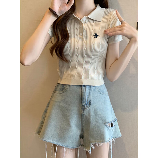 Clothes with original texture design 2026 new spring fashion polo collar knitted shirt short-sleeved t-shirt women's short tops apricot one size apricot (70-120Jin Jin equals 0.5kg)