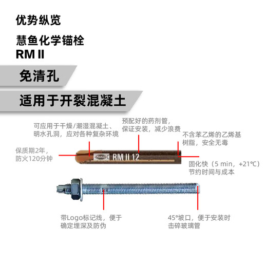 Fischer clear hole-free glass tube chemical anchor RM II with RG M screw is suitable for cracked and non-cracked concrete RM II 12 single glass tube 10 pieces/box