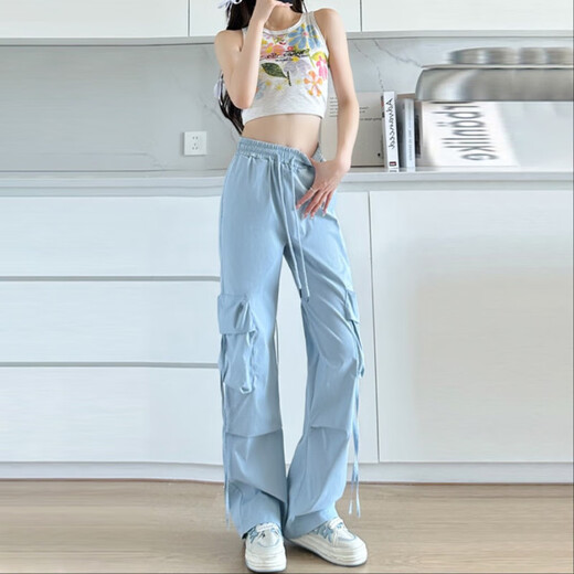 粉色工装裤女夏季薄2025新款高腰垂感降落伞速干休闲阔腿美式运动 蚂蚁-687【黑色】 M