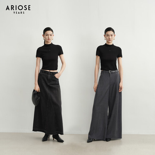 Enos Yashi Shopping Mall Same Style Spring and Autumn New Commuting Versatile Wool Short-Sleeved Sweater Top Women 40728019 Black L