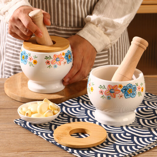 Pottery King ceramic garlic pounder stone mortar manual garlic mortar household smashing jar hand pressed garlic pourer old-fashioned grinder flower