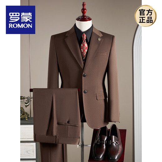 ROMON high-end wool suit men's suit business formal wedding dress fashion slim large size groom's suit three-piece suit brown brown suit + trousers XL (125-140Jin Jin equals 0.5 kg)