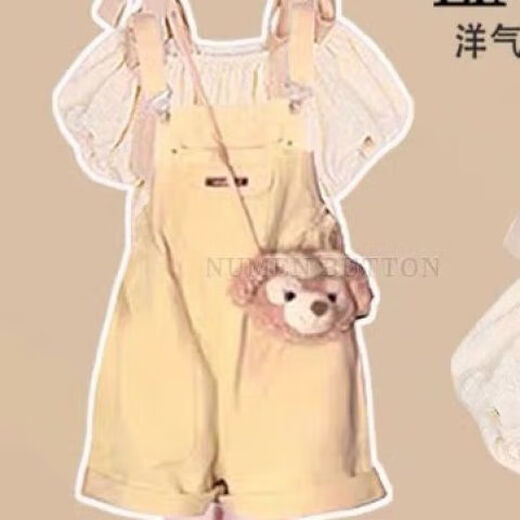 女童夏季套装2025新款欧若风甜美短袖上衣学院显瘦背带裤子两件套 泡泡袖上衣+牛仔背带裤 110