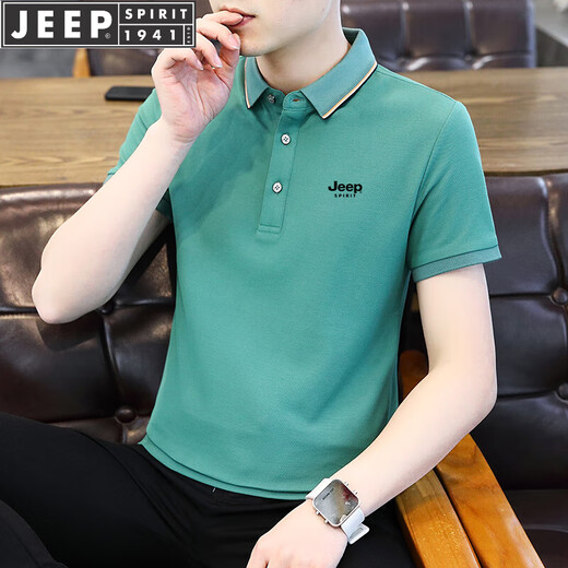 JEEP SPIRIT吉普短袖T恤男半袖上衣POLO男士新款夏季休闲商务中青年条纹半截 6636灰绿 M -(90斤-115斤)