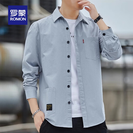 ROMON pure cotton shirt men's long-sleeved work clothes men's shirt Japanese inch shirt casual loose top spring and autumn jacket new style 609 long-sleeved light blue shirt 2XL recommended 155-175Jin Jin equals 0.5 kg