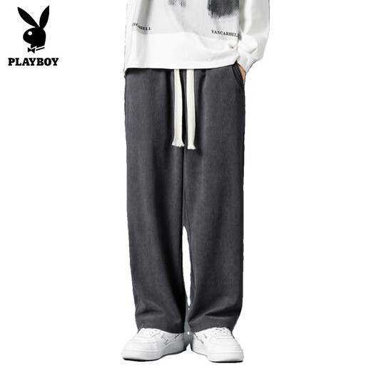 Playboy (PLAYBOY) corduroy casual trousers for men in autumn new loose straight sports pants men's autumn and winter thickened wide-leg pants apricot XL 140-155Jin Jin equals 0.5 kg