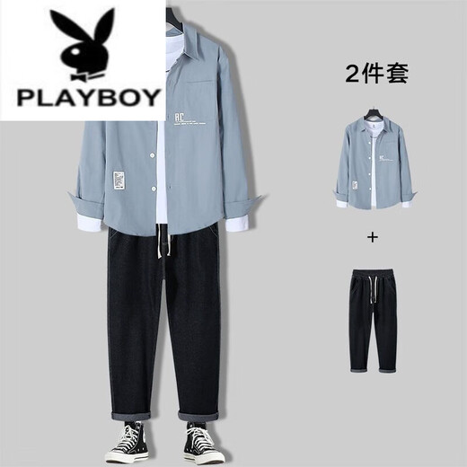 Playboy (Playboy) Мужская повседневная рубашка с длинным рукавом мужская набор весна и осенняя модная мужская одежда Полный комплект со зрелой модной одеждой 679 синяя рубашка + длинная белая T + 71 синие джинсы xl