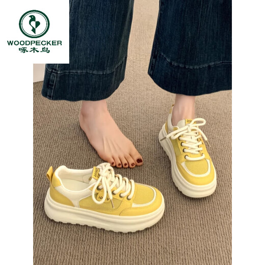 Woodpecker thick-soled shoes for women yellow shoes 2025 new summer thin mesh breathable versatile casual sneakers yellow 36