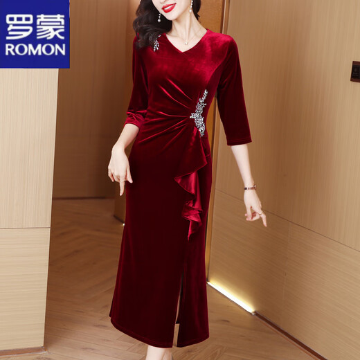 ROMON evening dress for women in spring and autumn, toasting, waist slimming, temperament, wedding banquet, middle-aged mother, high-end elegant mother-in-law dress, burgundy XL
