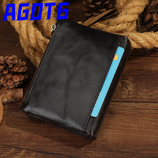 
AGOTG brand oil wax cowhide men's wallet short retro zipper anti-theft card clip rfid leather large capacity handbag brown