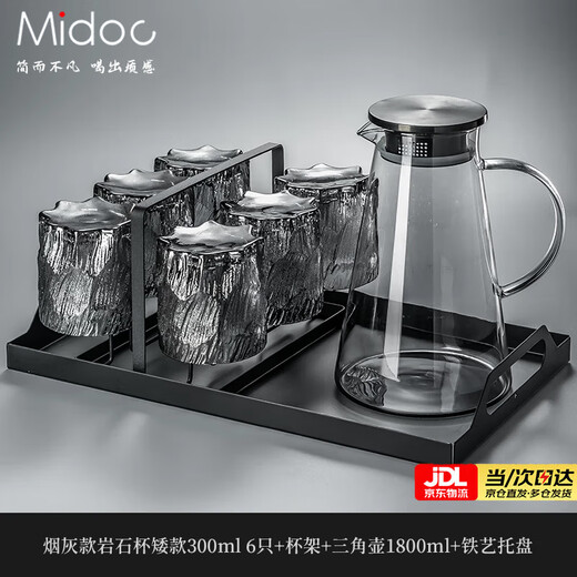 MIDOC retro relief rock glass water cup home hospitality drinking set high-end light luxury red beer tea cup soot rock short style 6 pieces + black stand + pot + black iron plate