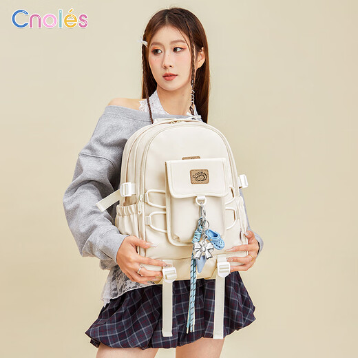 蔻一Cnoles蔻一贪吃猫双肩包女可拆卸小众初中生书包女大学生可放电脑 奶油白