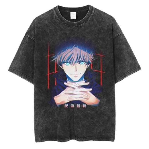 Sumijujutsu kaisen lavado retro y vieja camiseta de manga corta cinco técnicas de iluminación jujutsu regresan al cosal periférico en el lavado de agua y negro B691 S