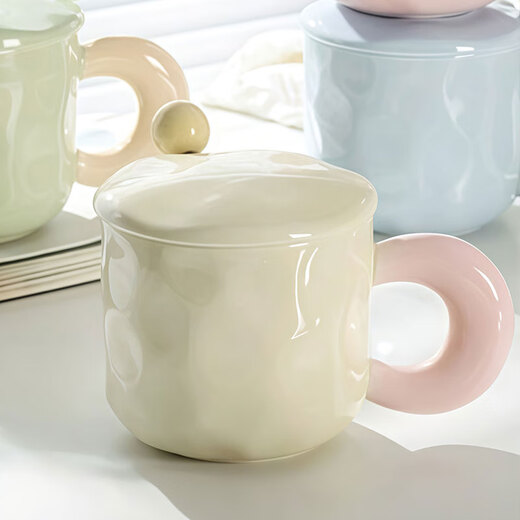 Jiwu Forest Ceramic Mug with Spoon Lid Cup Coffee Cup Couple Tea Cup Men and Women Large Capacity Yellow 420ml