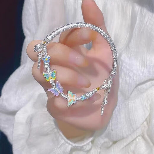 Laohuangxiang Pure Silver 999 Enamel Butterfly Sterling Silver Women's Half Bracelet Light Luxurious High-end Sweet Bracelet Gift Double-layer Broken Silver Pearl Bracelet