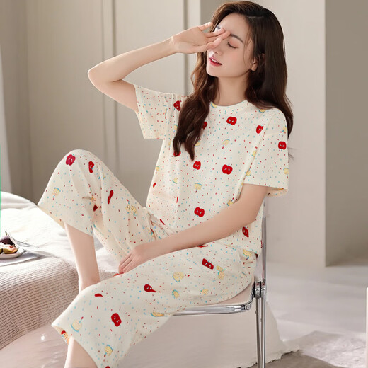 ZHIDOUDOU pajamas for women in summer 2025 new short-sleeved cropped pants set for spring and summer thin women can short-sleeved cropped pants-679 M Recommended 80-100Jin [Jin equals 0.5 kg]