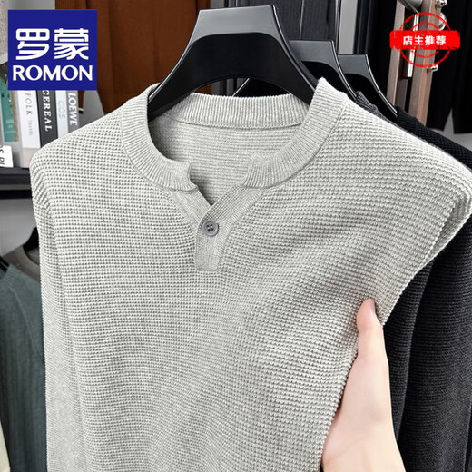ROMON Henry collar knitted cotton long-sleeved T-shirt for men, spring and autumn casual, light and mature, simple solid color slim fit bottoming shirt top, dark gray - high-end brand L recommended 120-140Jin Jin equals 0.5 kg