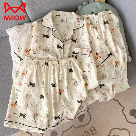 Cat Man (Miiow) Pajama de algodón puro para mujeres en la gasa delgada de verano Cardigans japoneses de algodón de manga corta Cardigans con juego de tres piezas Spring Yunduo Cotton-J9901# Paradise Puppy Set M [sugerencia 75-100Jin [Jin equivale a 0.5 kg]]]