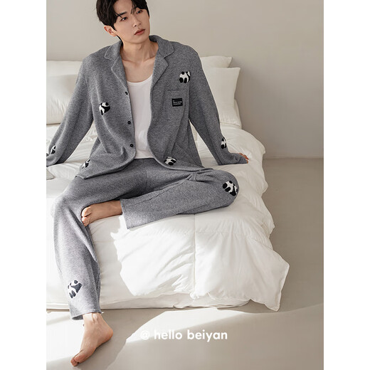 Benny Bear Beiyan Spring and Autumn New Thick Knitted Cotton Long-Sleeved Couple Pajamas Cute Panda Men and Women Home Clothing Set C20790 Women's XL Size