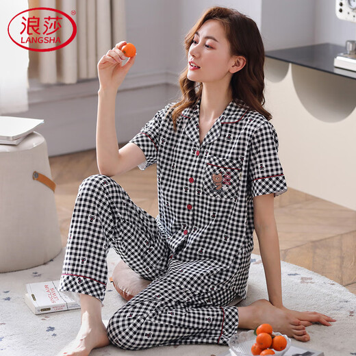 浪莎（LangSha）睡衣女士纯棉短袖长裤棉薄款夏天感夏款中年妈妈家居服 LNY-9923 M -建议80-95斤