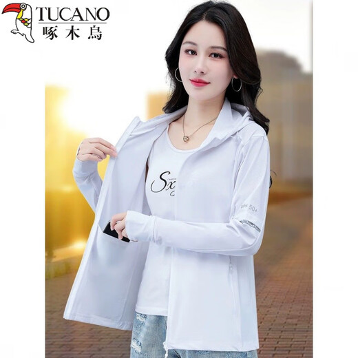 Woodpecker (TUCANO) Vêtements de protection solaire en soie glacée pour femmes été 2025 Nouveau Upf50+ Vêtements de protection solaire respirants à séchage rapide Veste fine Anti-UV Blanc 4XL 155-170