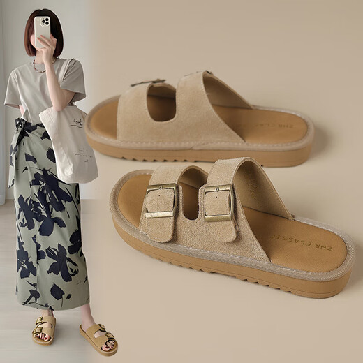 ZHR Birkenstock Zapatillas Sandalias Planas De Suela Blanda De Verano para Mujer Ropa De Abrigo Informal Zapatos De Mujer JF158 Caqui 37