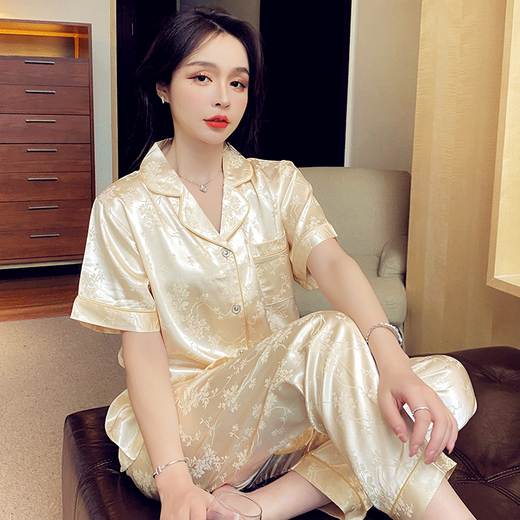 猫人（MiiOW）冰丝睡衣女士夏季薄款短袖长裤加加大码200斤家居服感套装 693#绿条纹三件套装 M (建议80-100斤)