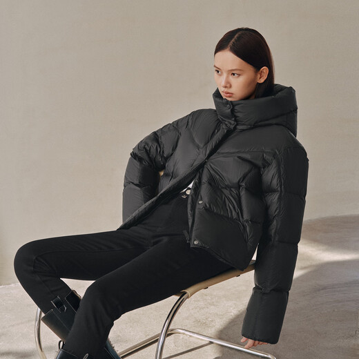 太平鸟【热气球】女装连帽泡芙花苞长羽绒服冬保暖外套 曜石黑【短款】 M