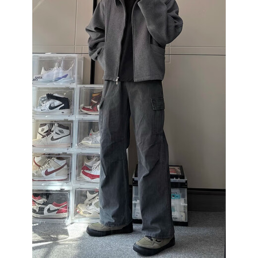 Muwei American retro workwear casual pants for men 2025 autumn and winter new loose straight wide leg trendy and versatile long pants dark gray XL recommended 130-150Jin Jin equals 0.5 kg